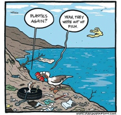 Birds having to eat plastic (cartoon image)